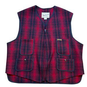 90s Woolrich Mens Red & Black Plaid Wool Vest With Zipper & Pockets